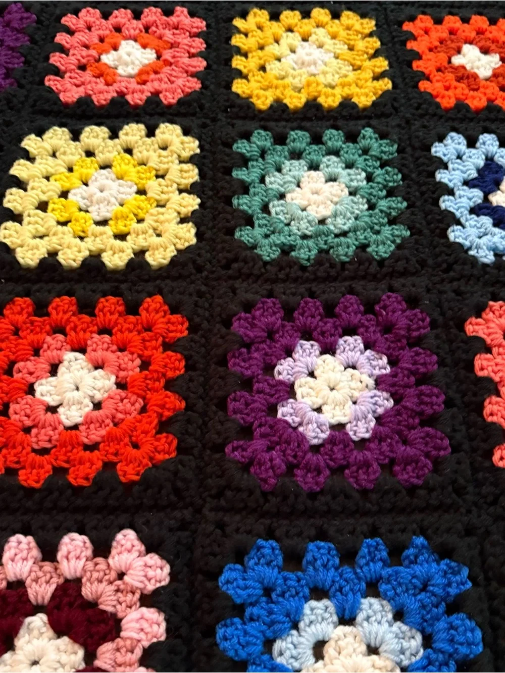 Handmade Multicolor Crochet Granny Square Throw Blanket with Black Border